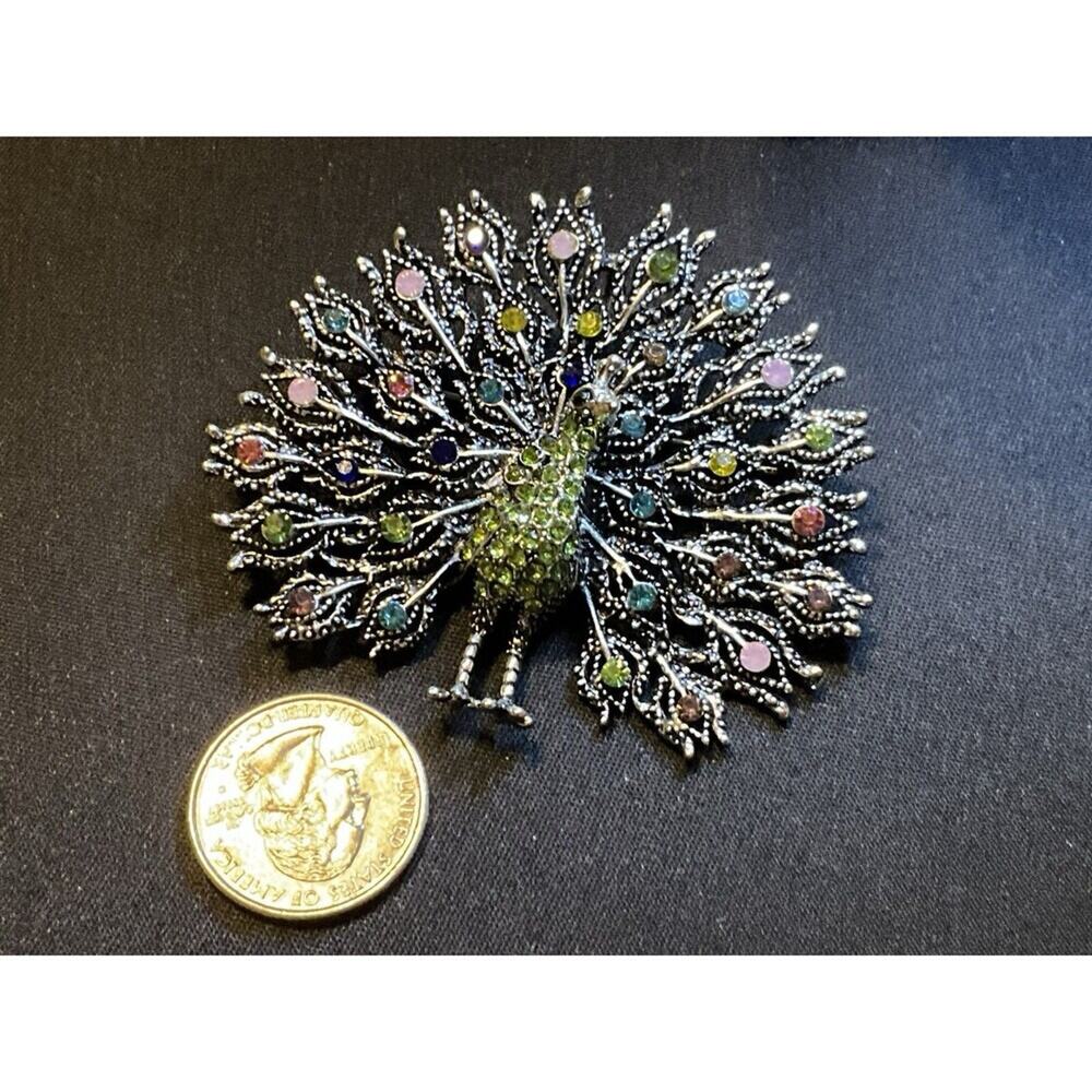 Large Rhinestone Peacock Brooch - Picture 3 of 5